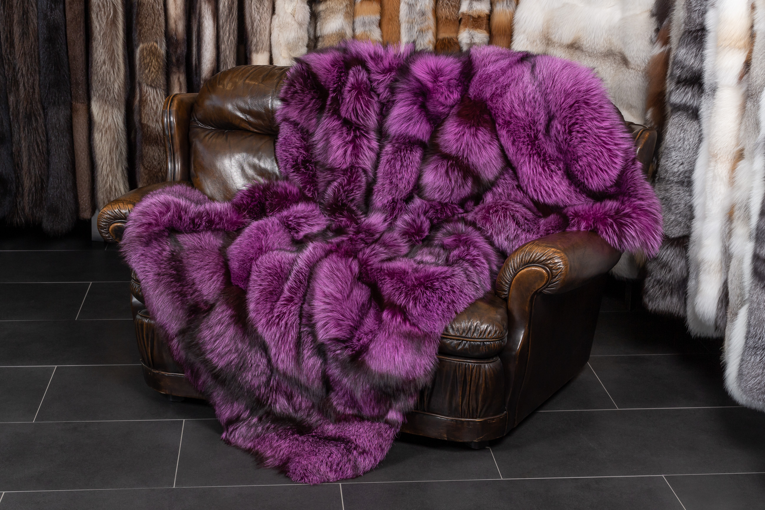 Real Fur Blanket made with Silver Foxes in Purple