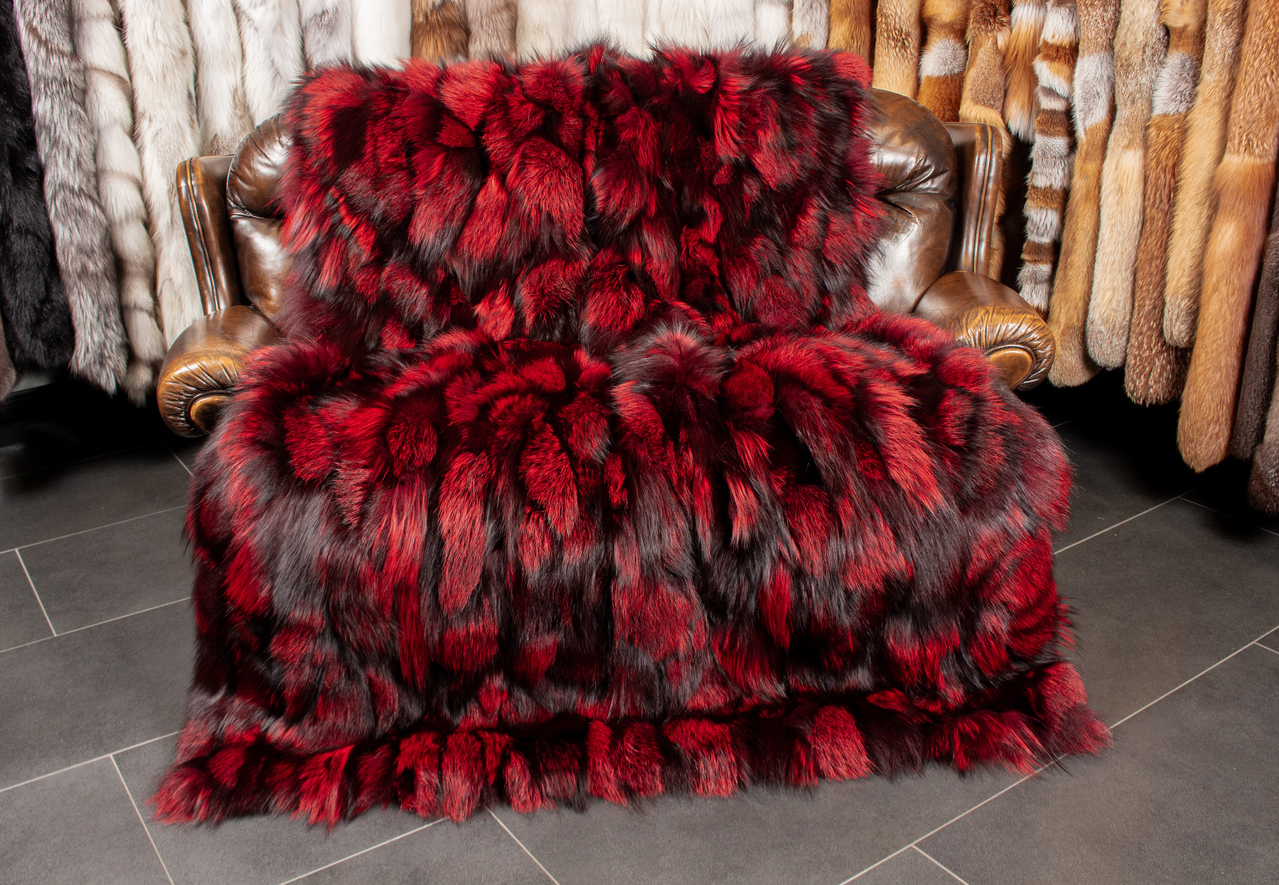 Cozy Silver Fox Pieces Fur Blanket in red