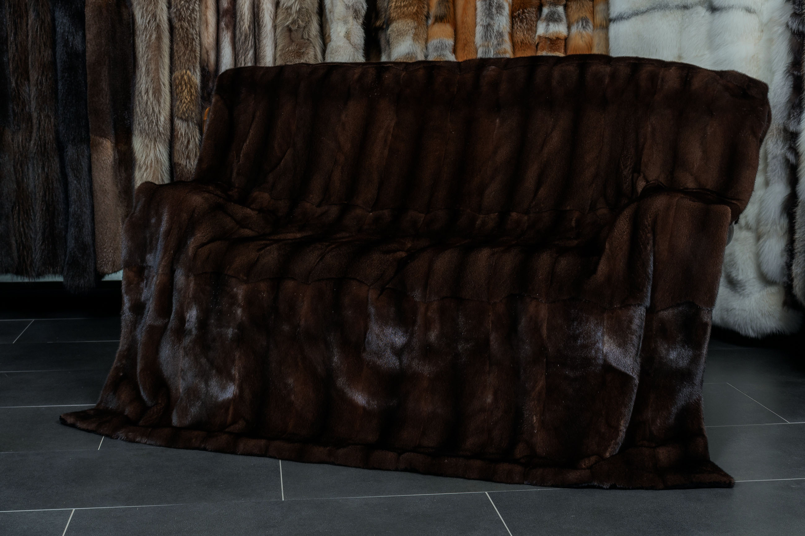 Mahogany Mink Fur Blanket with Black Weasel Lining