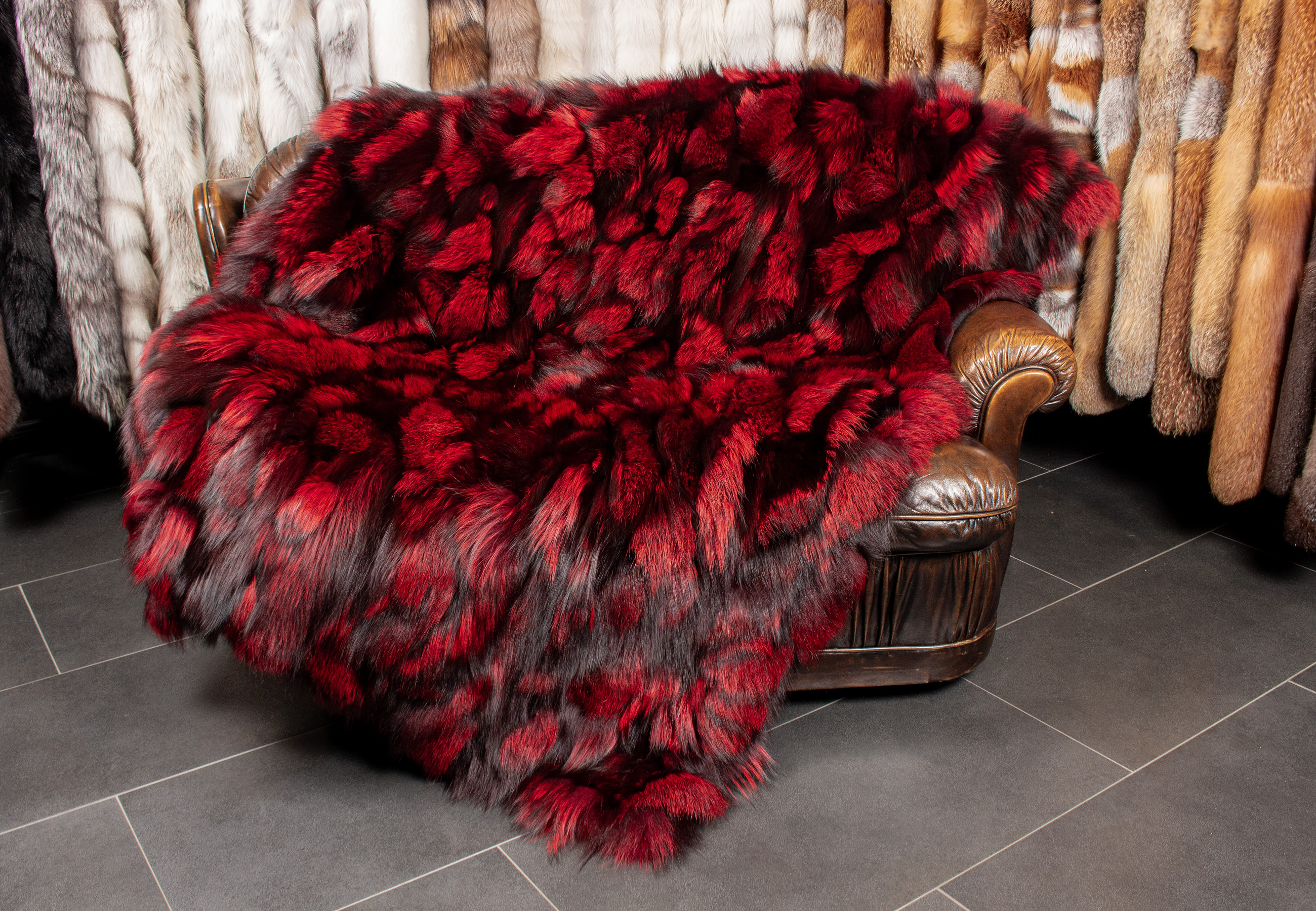 Cozy Silver Fox Pieces Fur Blanket in red