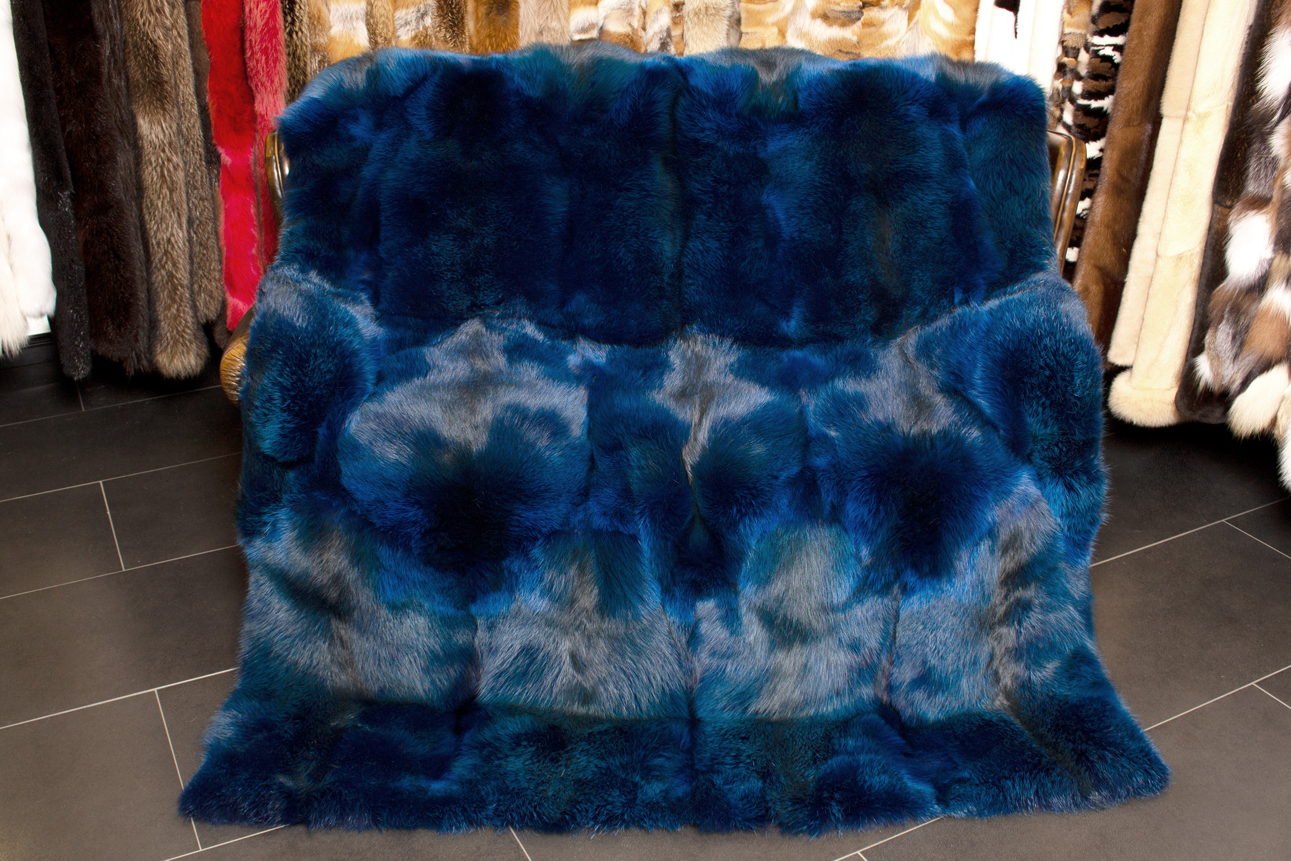 Fluffy Real Fur Red Fox Blanket in Ocean Blue