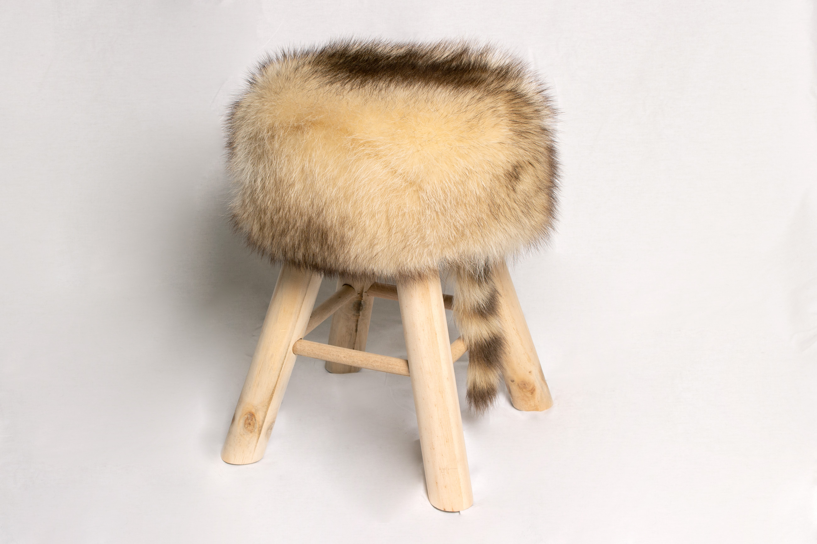 Pine-Wood Stool made with Genuine Canadian Raccoon Fur