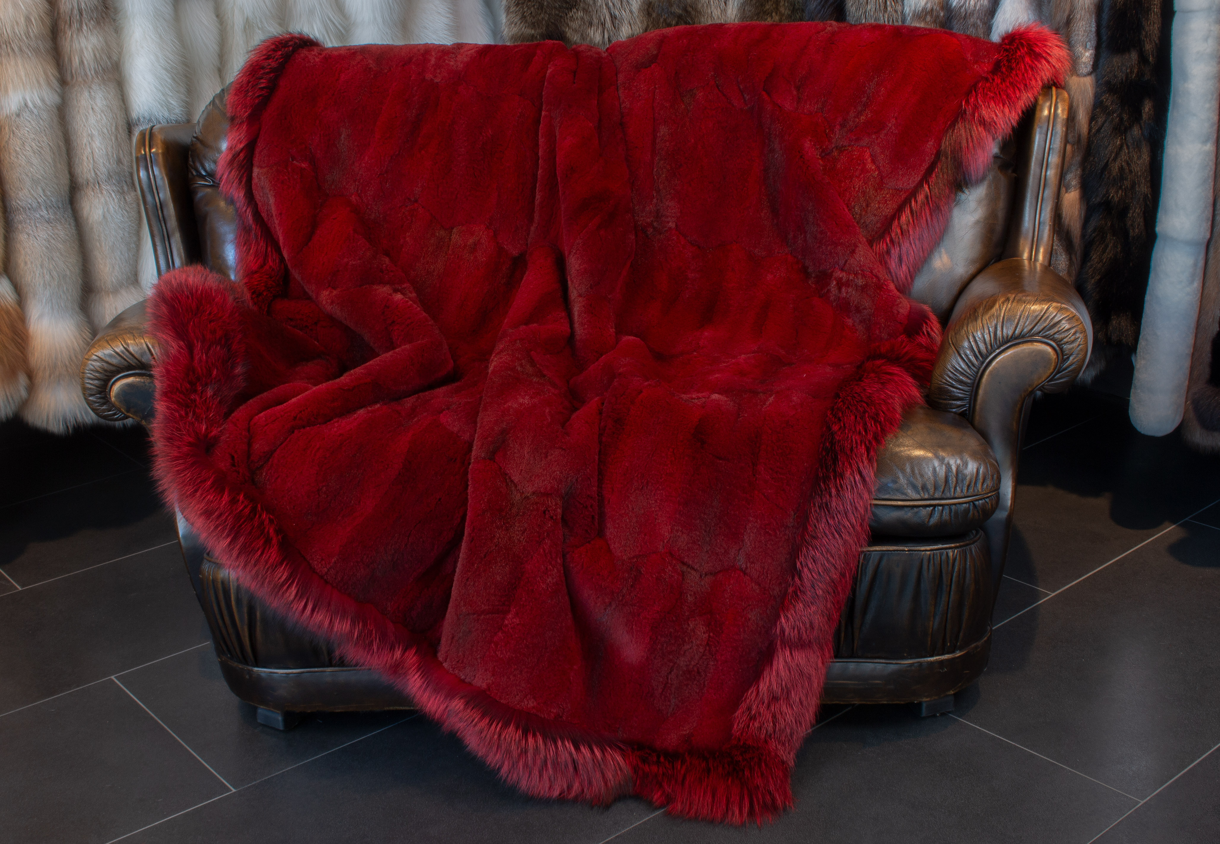 Muskrat Fur Blanket with Fox Frame in Ferrari-Red