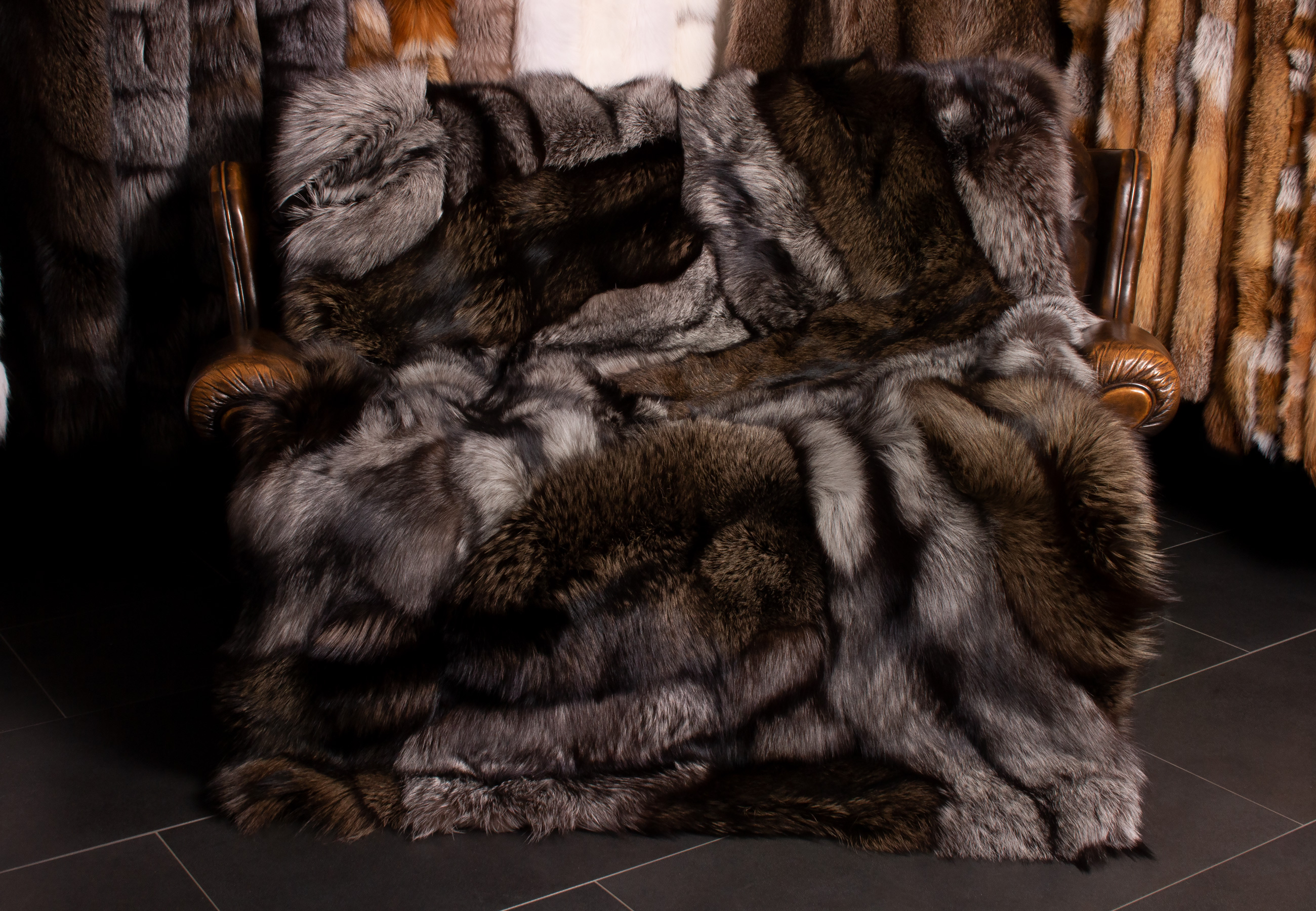 Silver Fox Patchwork Fur Blanket in Brown and Silver