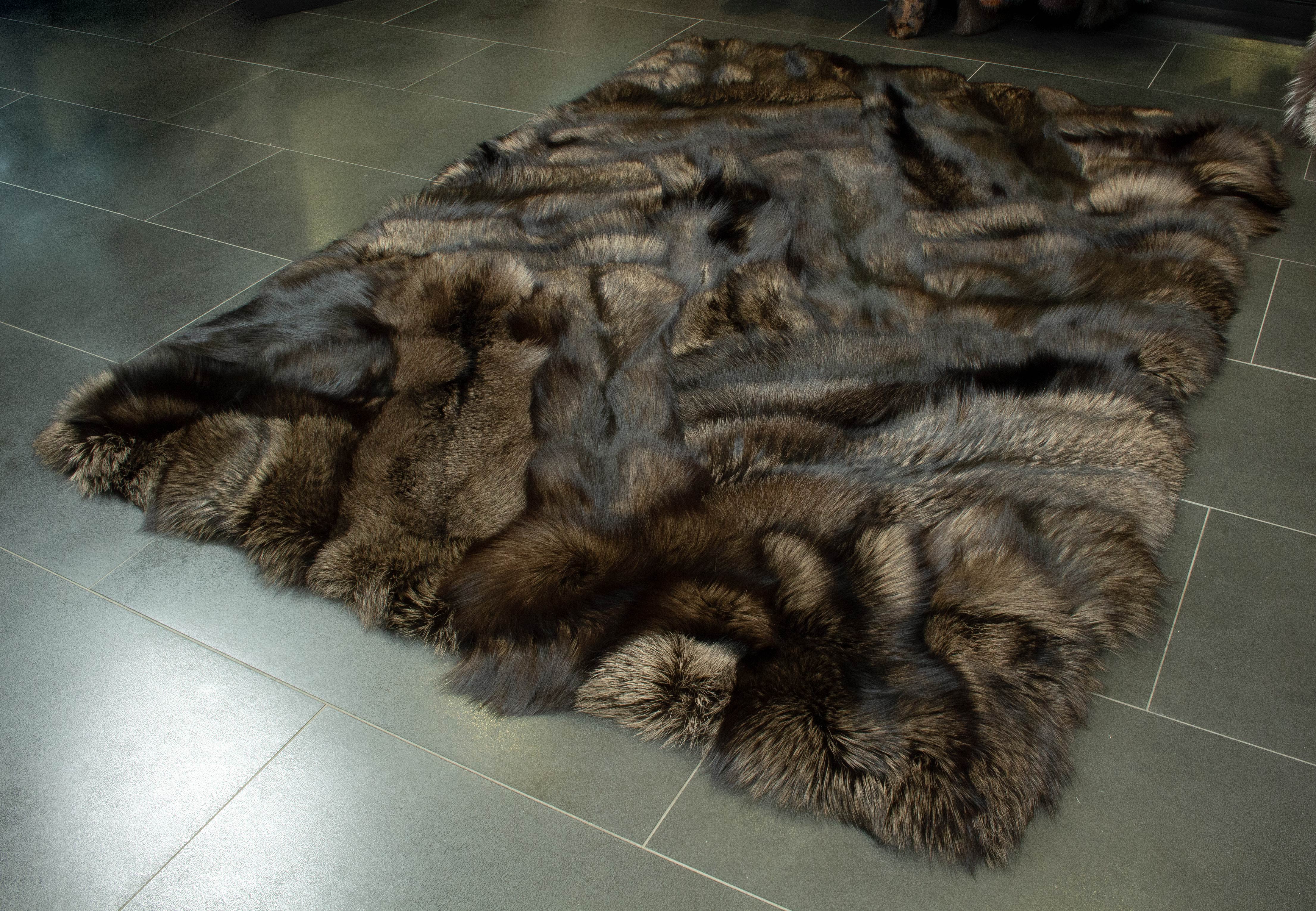 Patchwork Fur Rug made with Silver Foxes in gray-brown