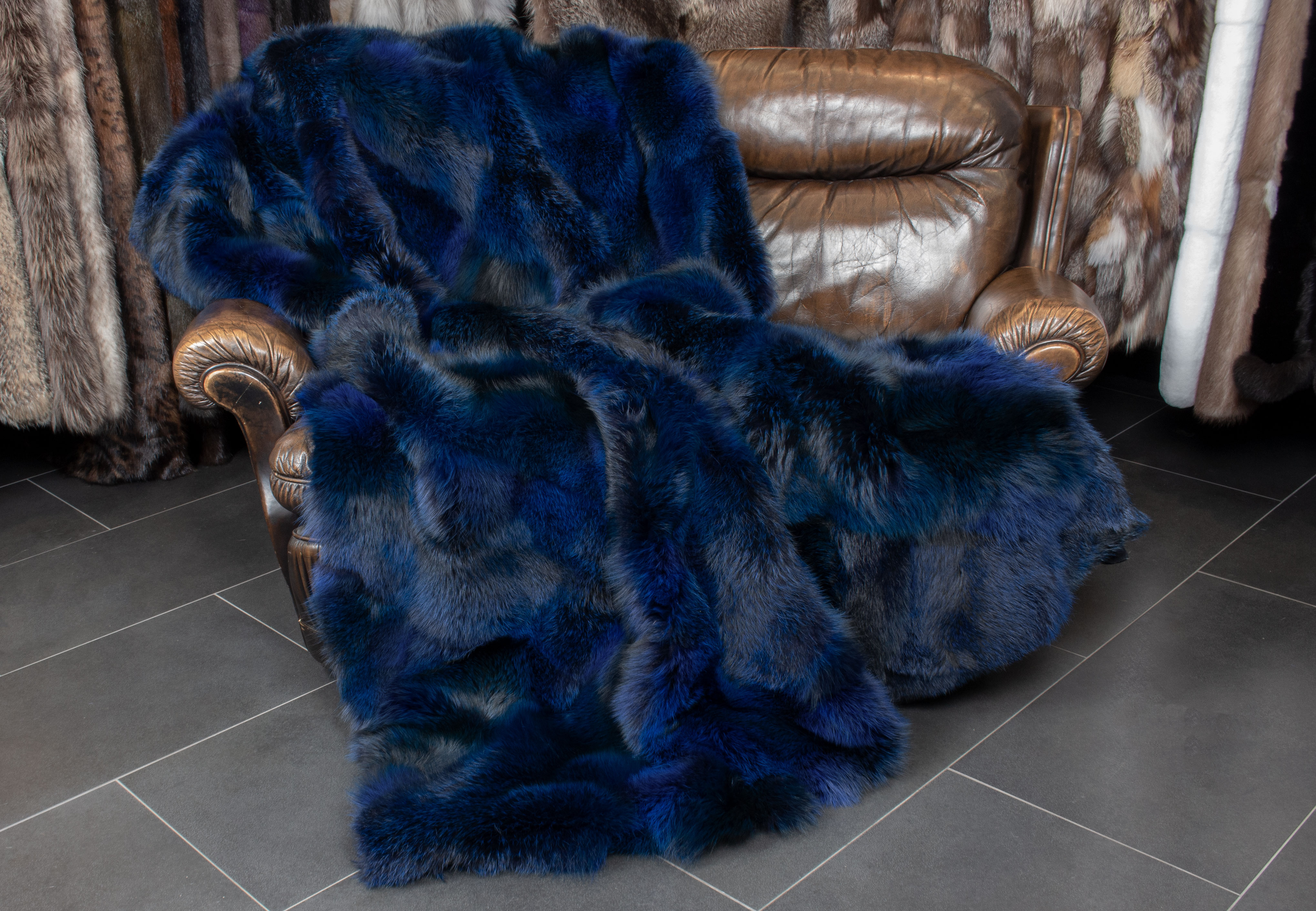European Red Fox Fur Blanket in blue