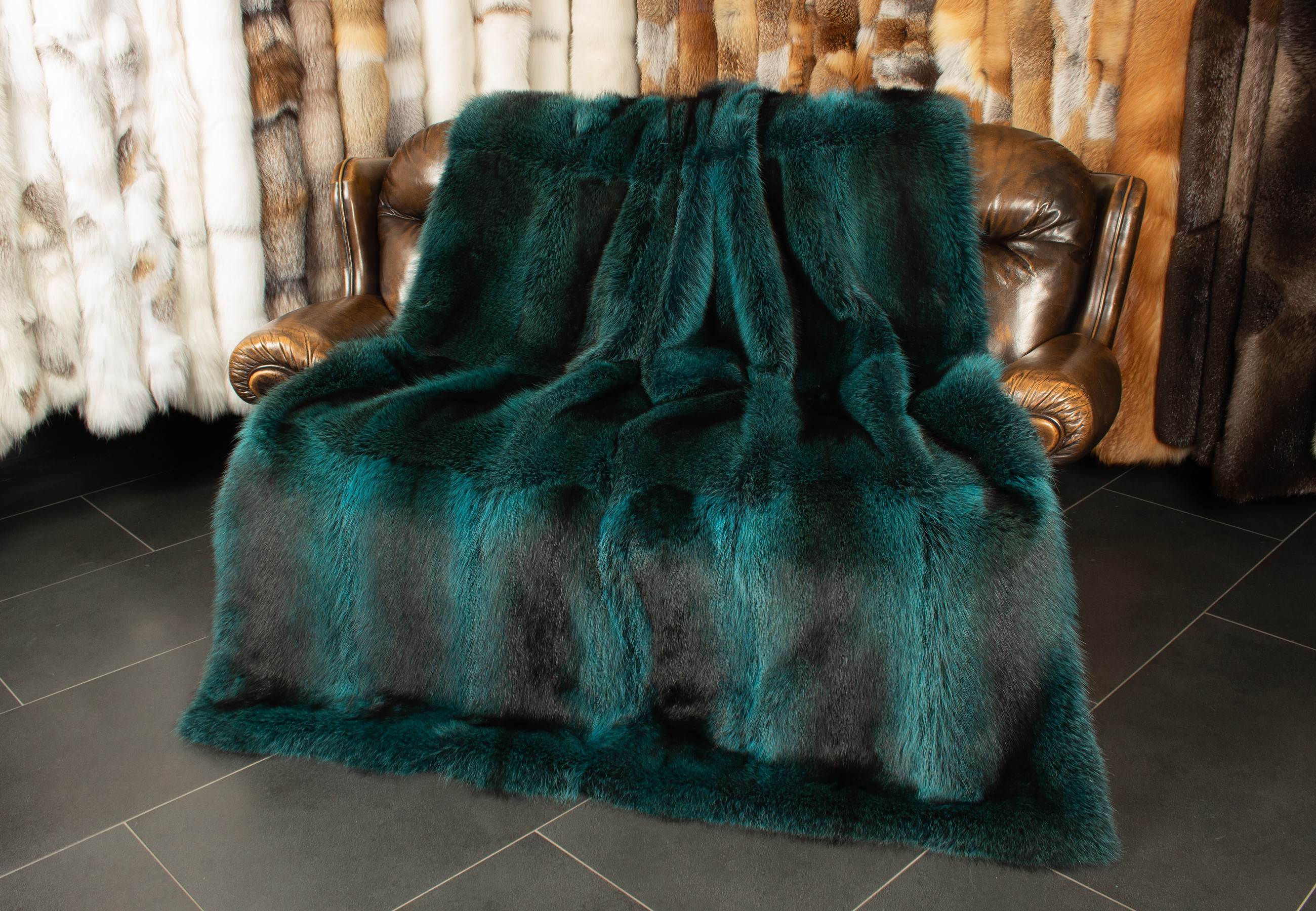 Unique Raccoon Fur Blanket in Turquoise