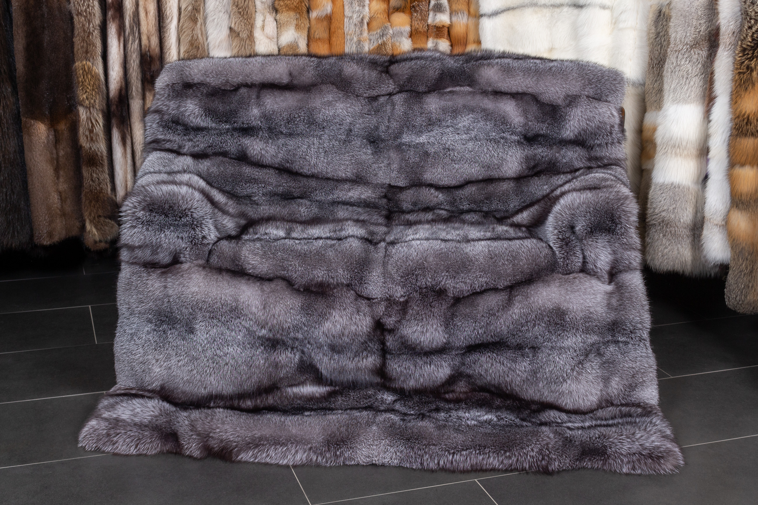 Blue Frost Fox Blanket with black, sheared Weasel Backing