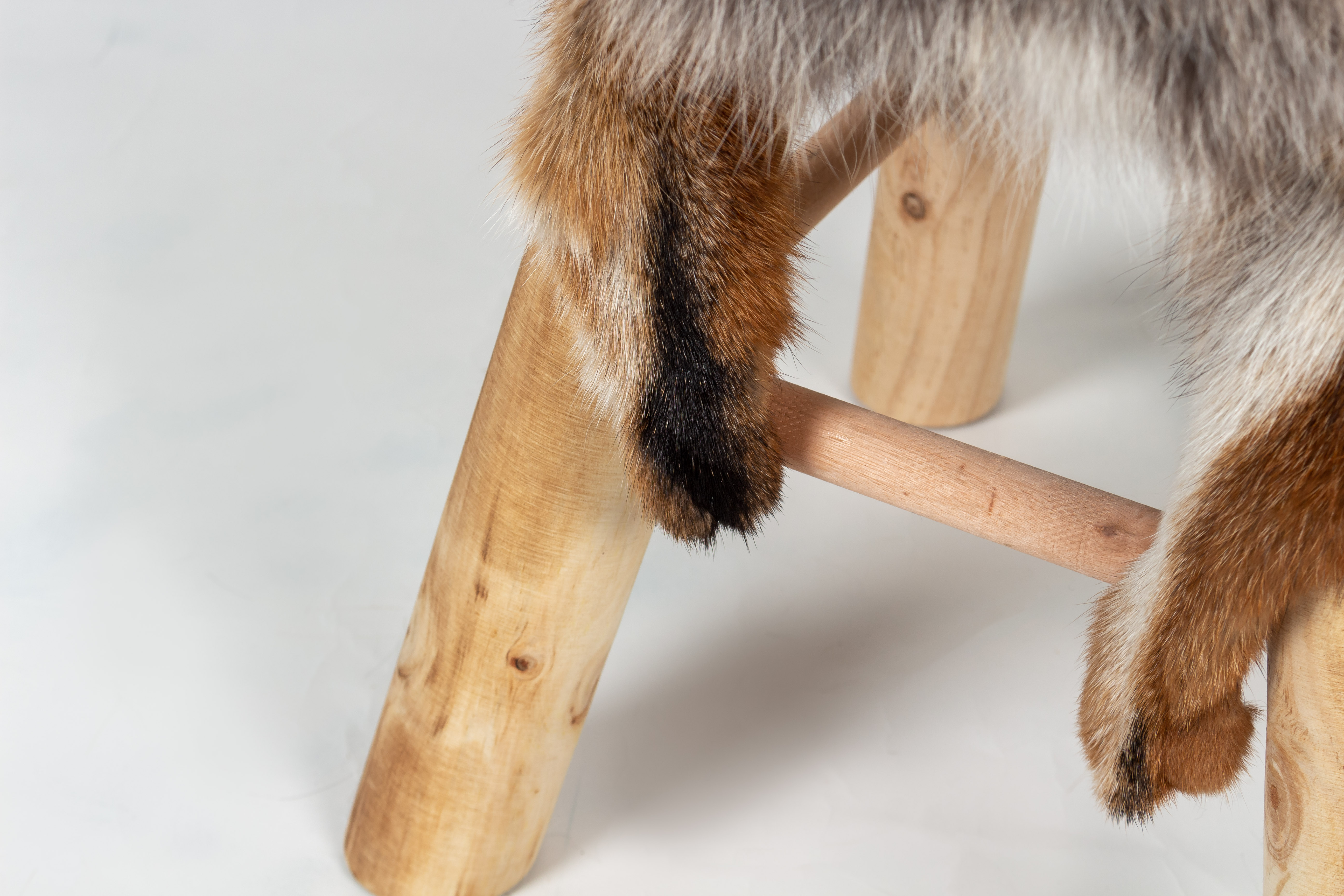 Rustic Wood Stool with European Red Fox Fur