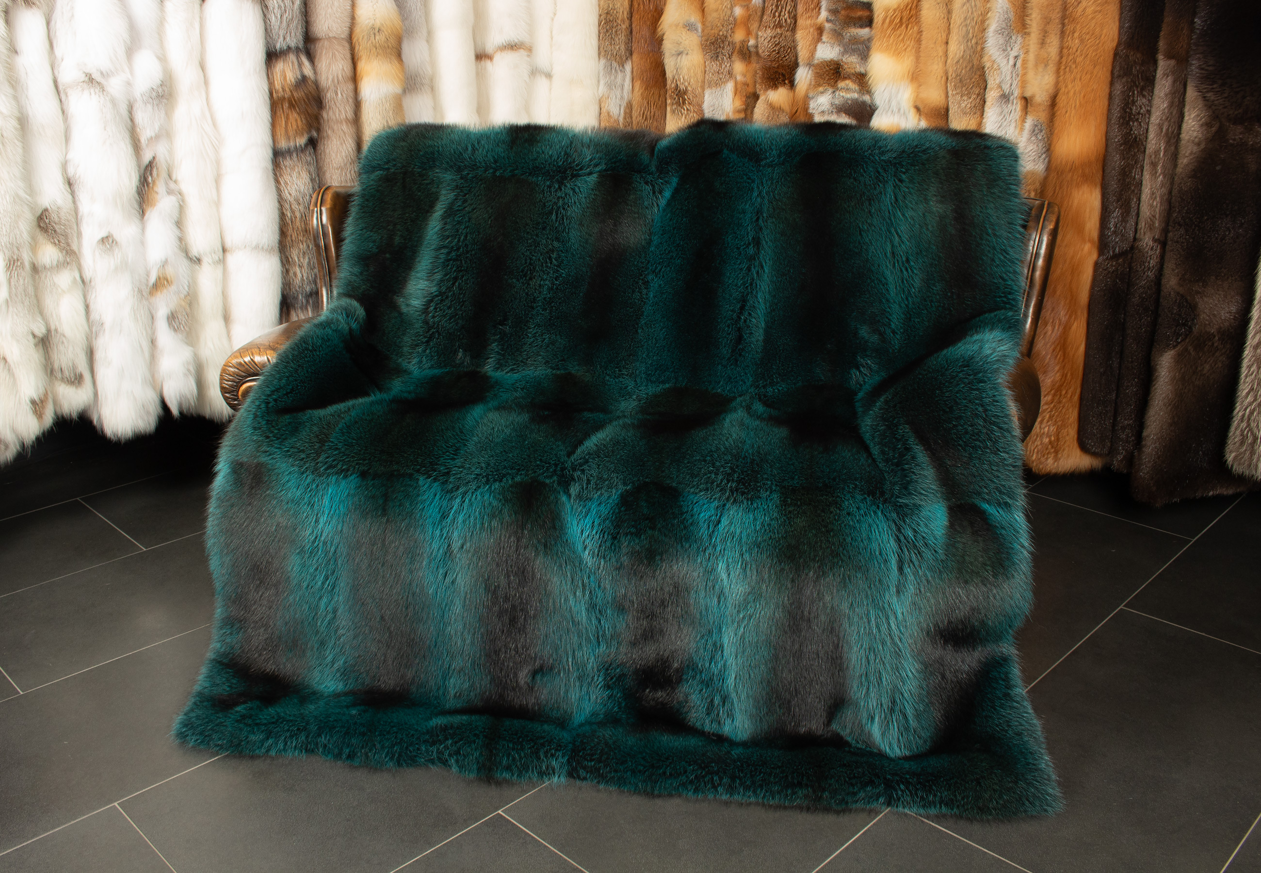 Unique Raccoon Fur Blanket in Turquoise