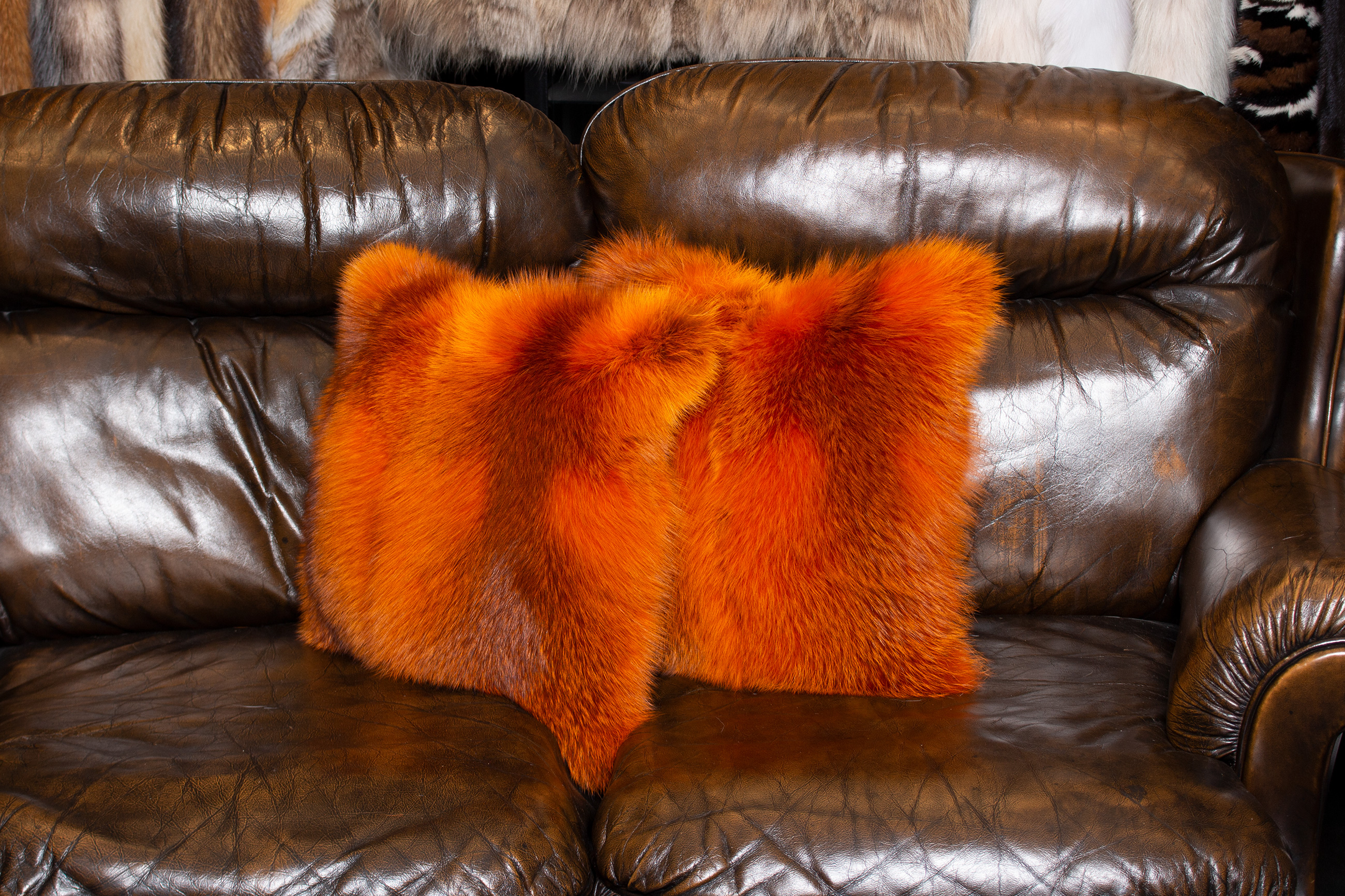 Red Fox Fur Pillow in Orange