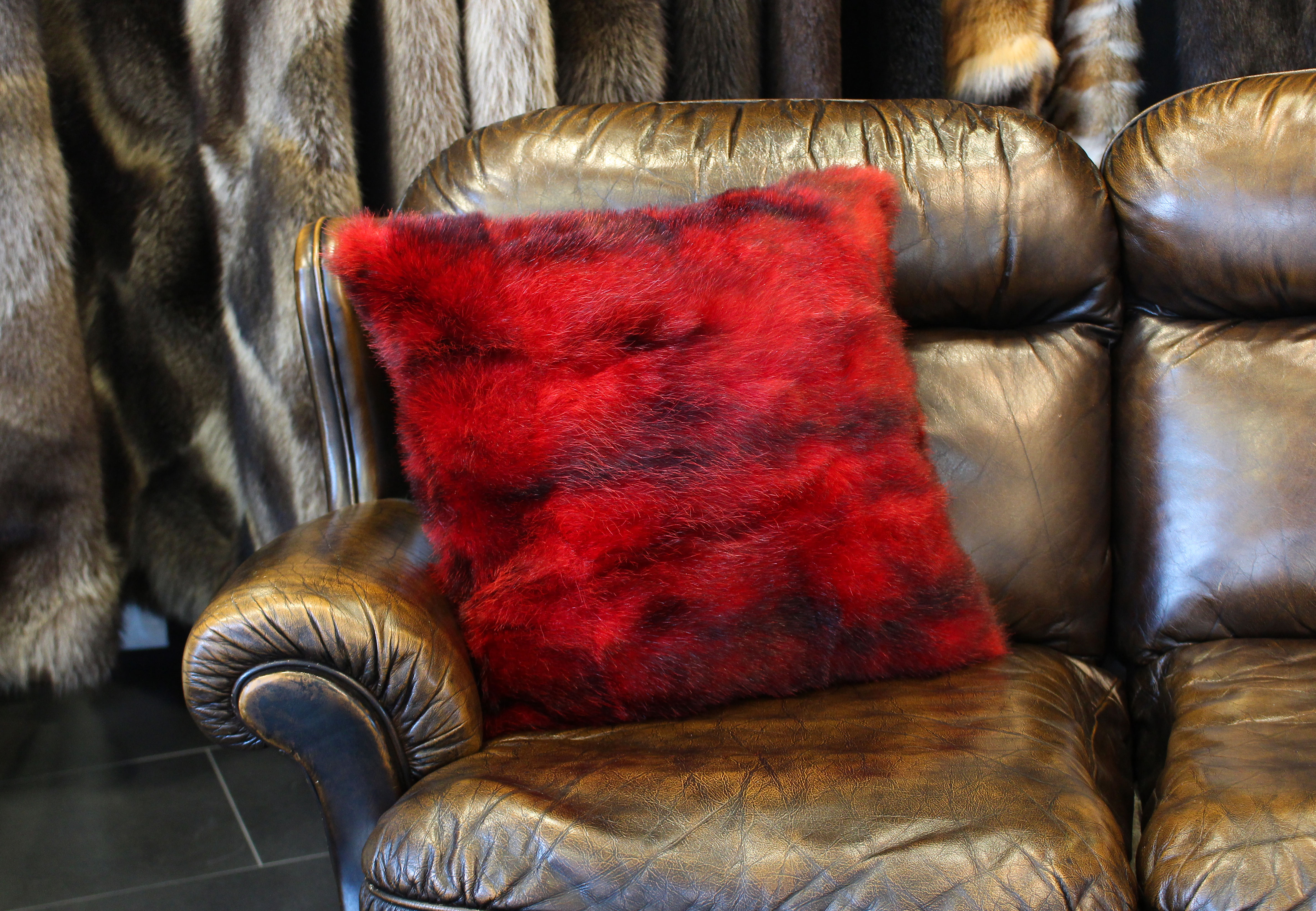Double-sided Possum Fur Cushion in Red