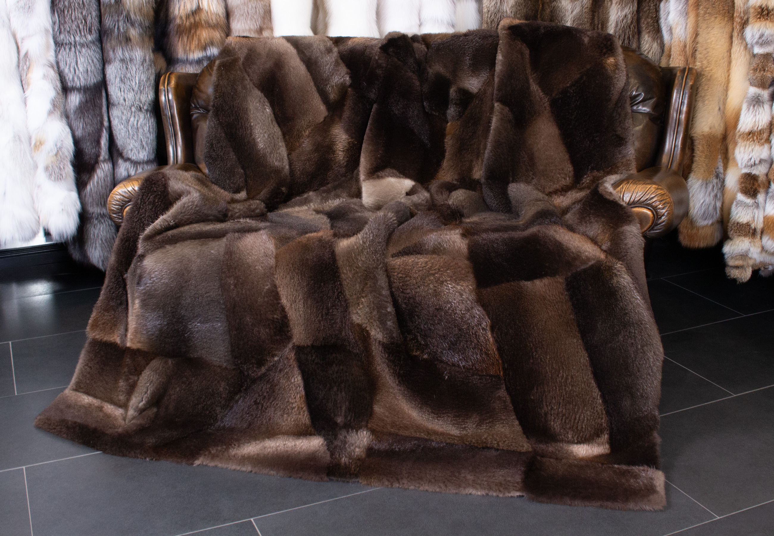 Natural Beaver Fur Blanket in Patch Design Natural Beaver Fur Blanket in Patch Design