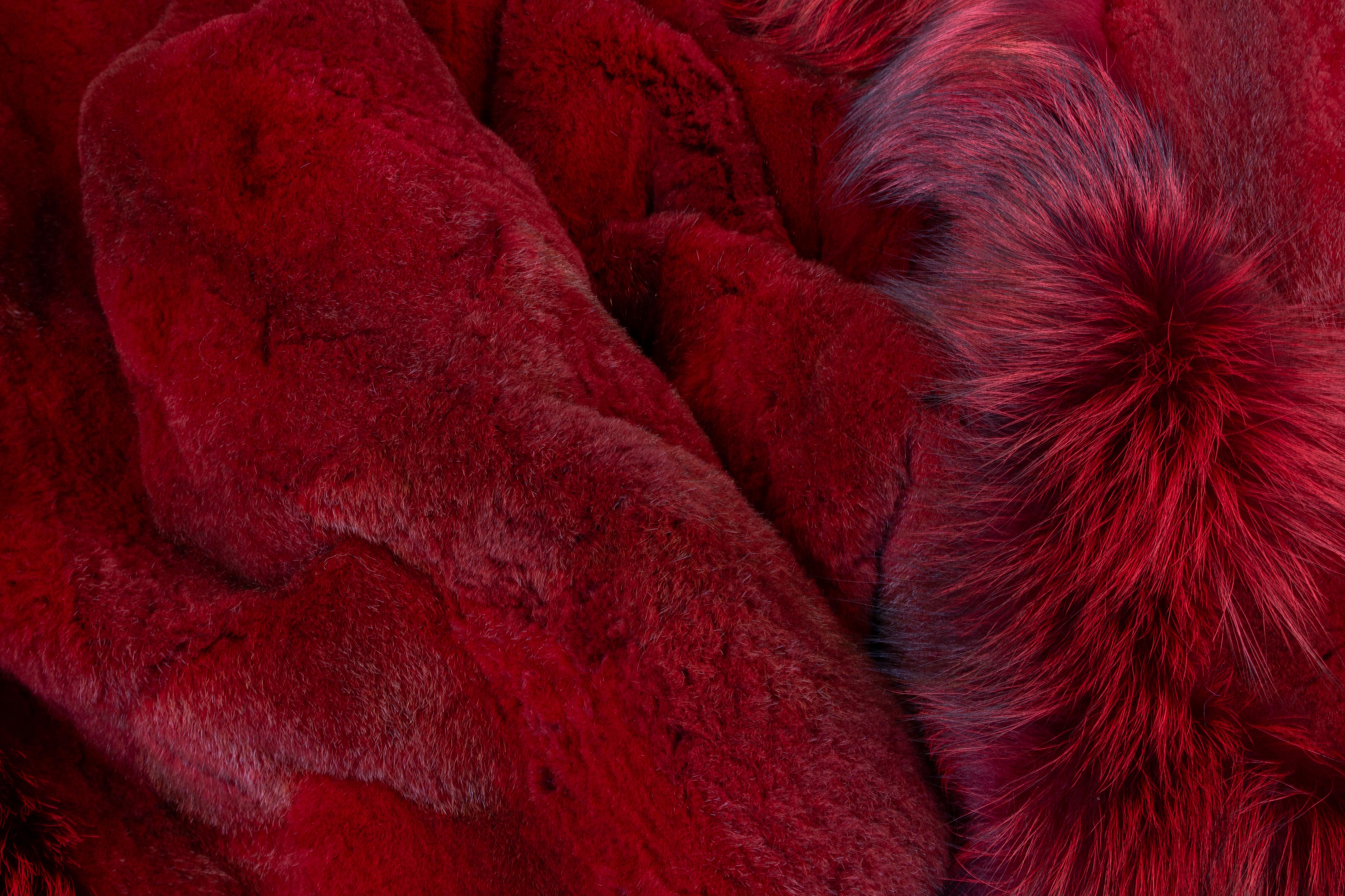 Muskrat Fur Blanket with Fox Frame in Ferrari-Red