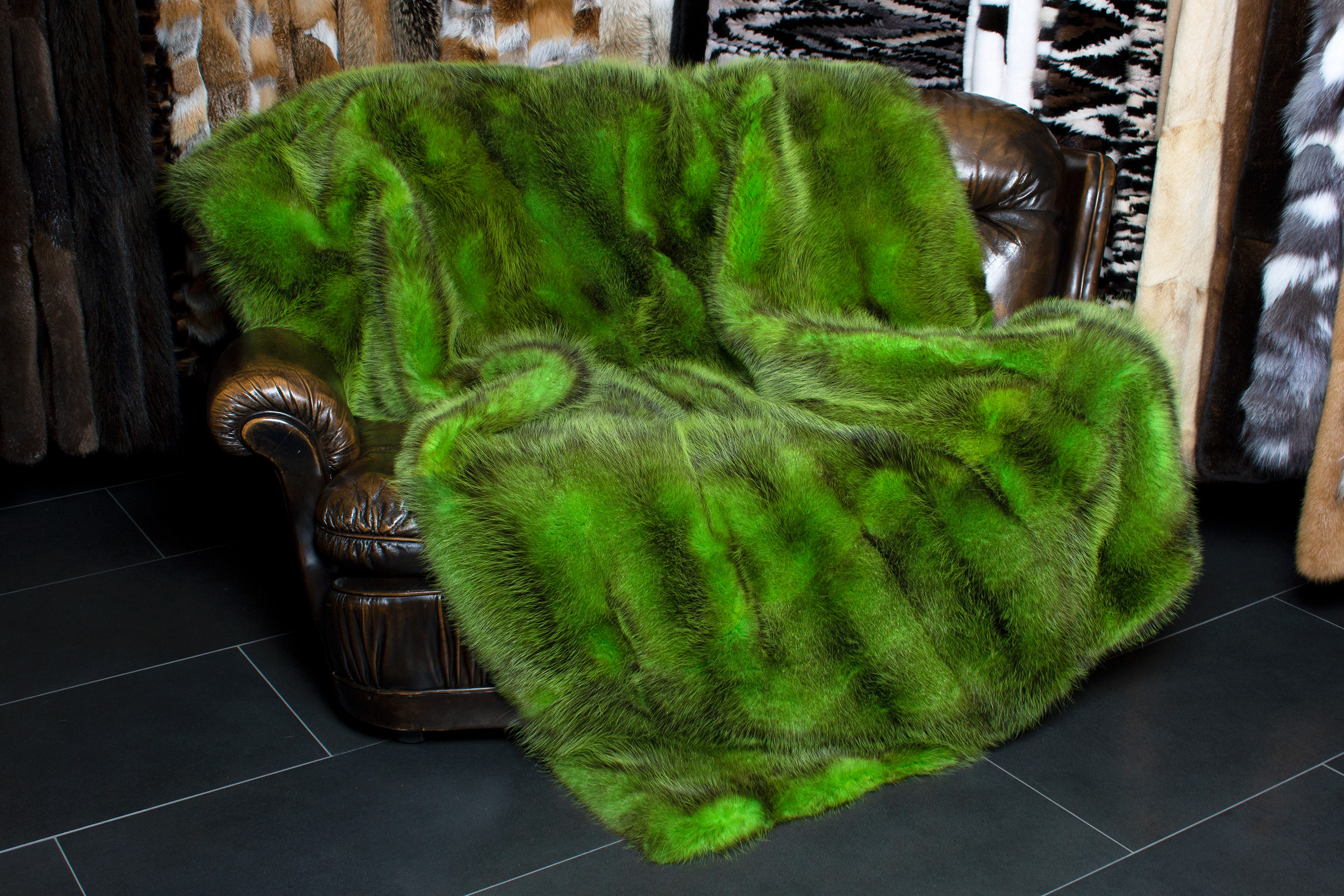 Special Fur Throw from American Possum Skins in Green