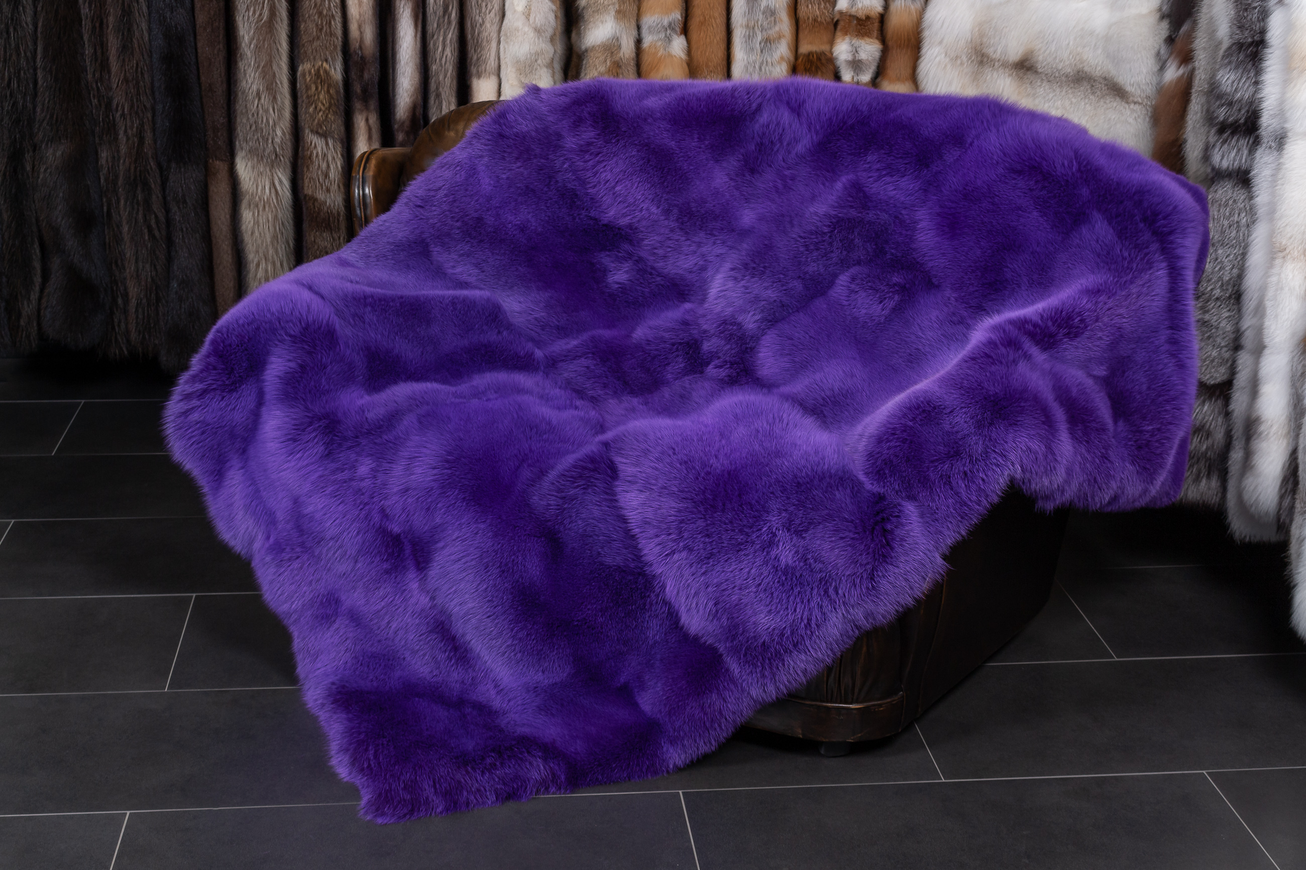 Real Fur Blue Fox Blanket in Purple