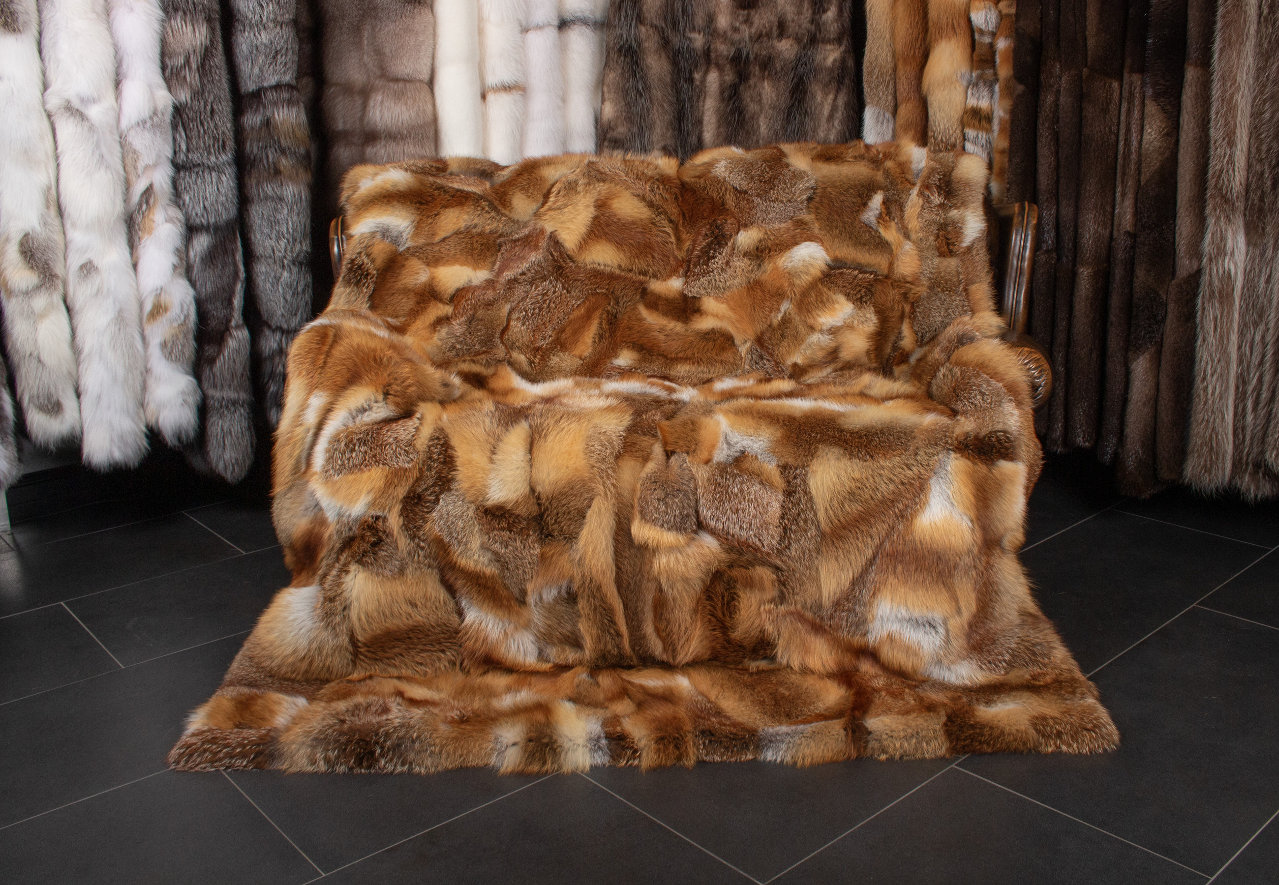 Noble Red Fox Fur Blanket in Patch Design Noble Red Fox Fur Blanket in Patch Design