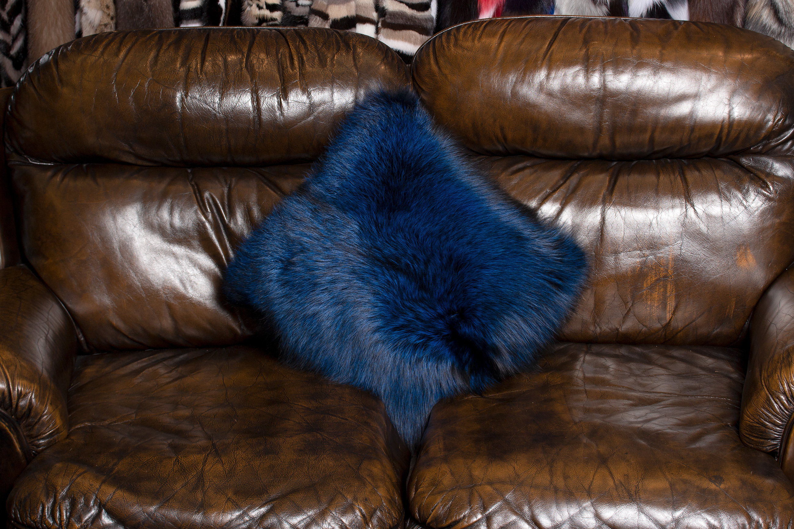 Genuine Silver Fox Fur Pillow in Blue