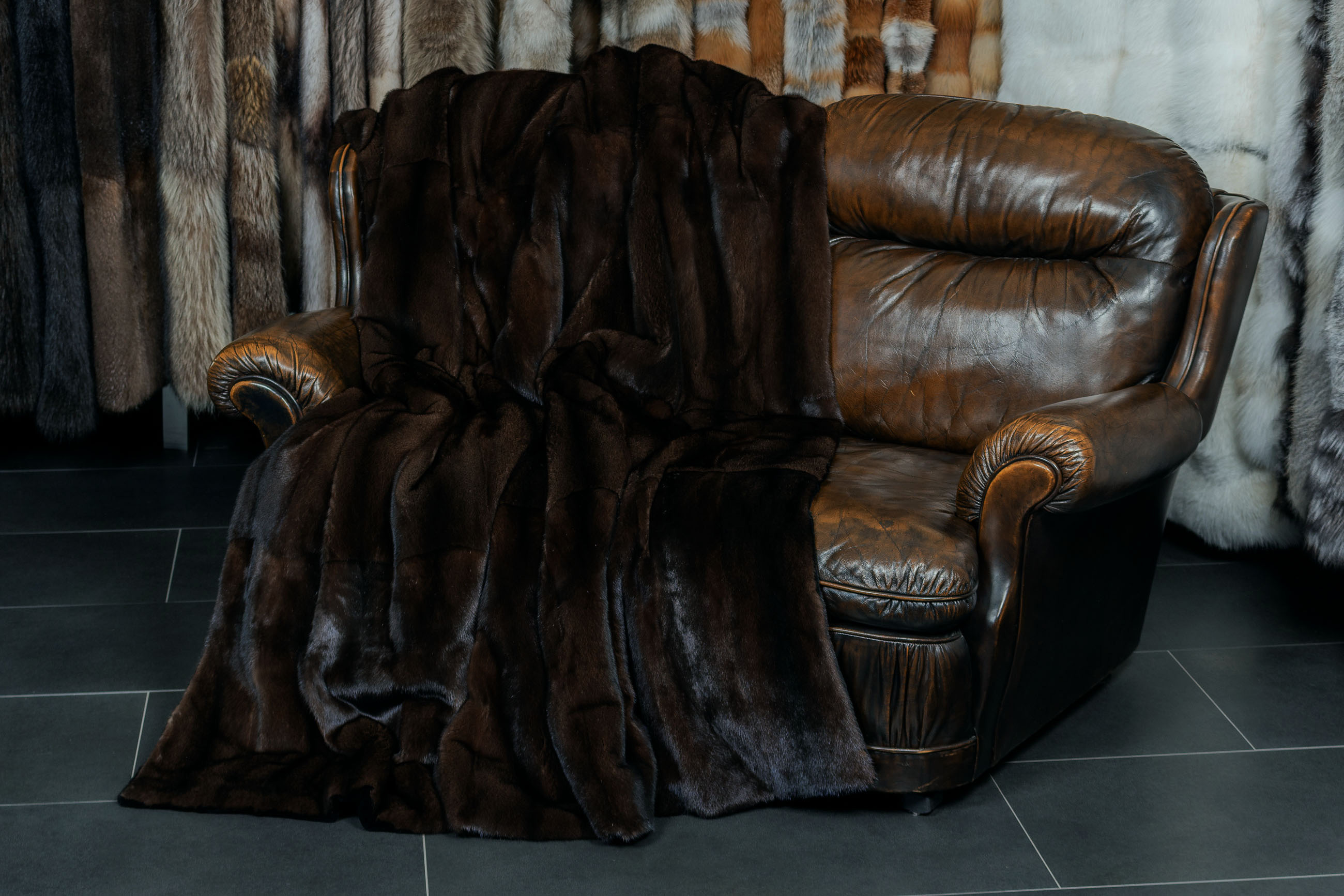 Mahogany Mink Fur Blanket with Black Weasel Lining