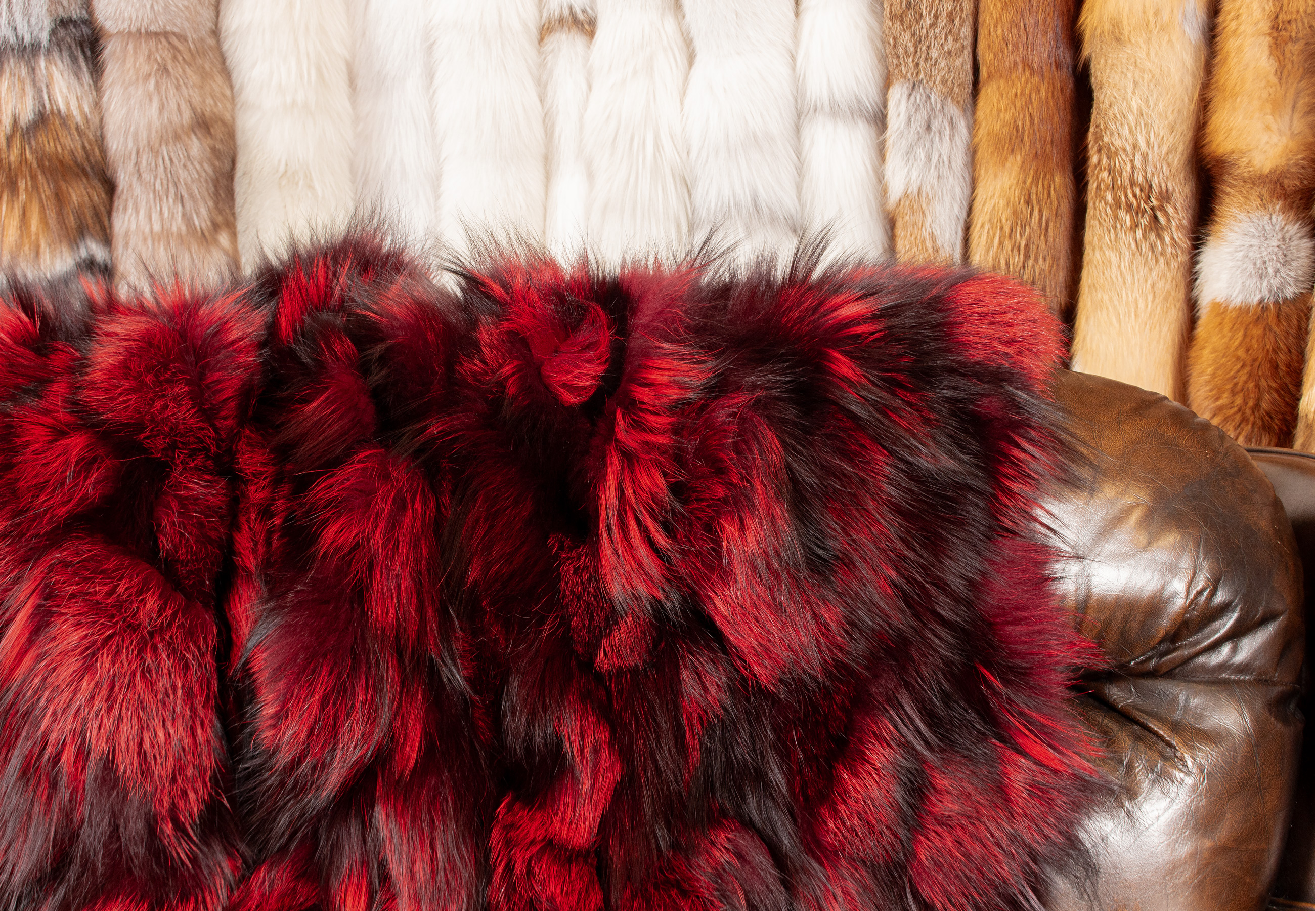 Cozy Silver Fox Pieces Fur Blanket in red