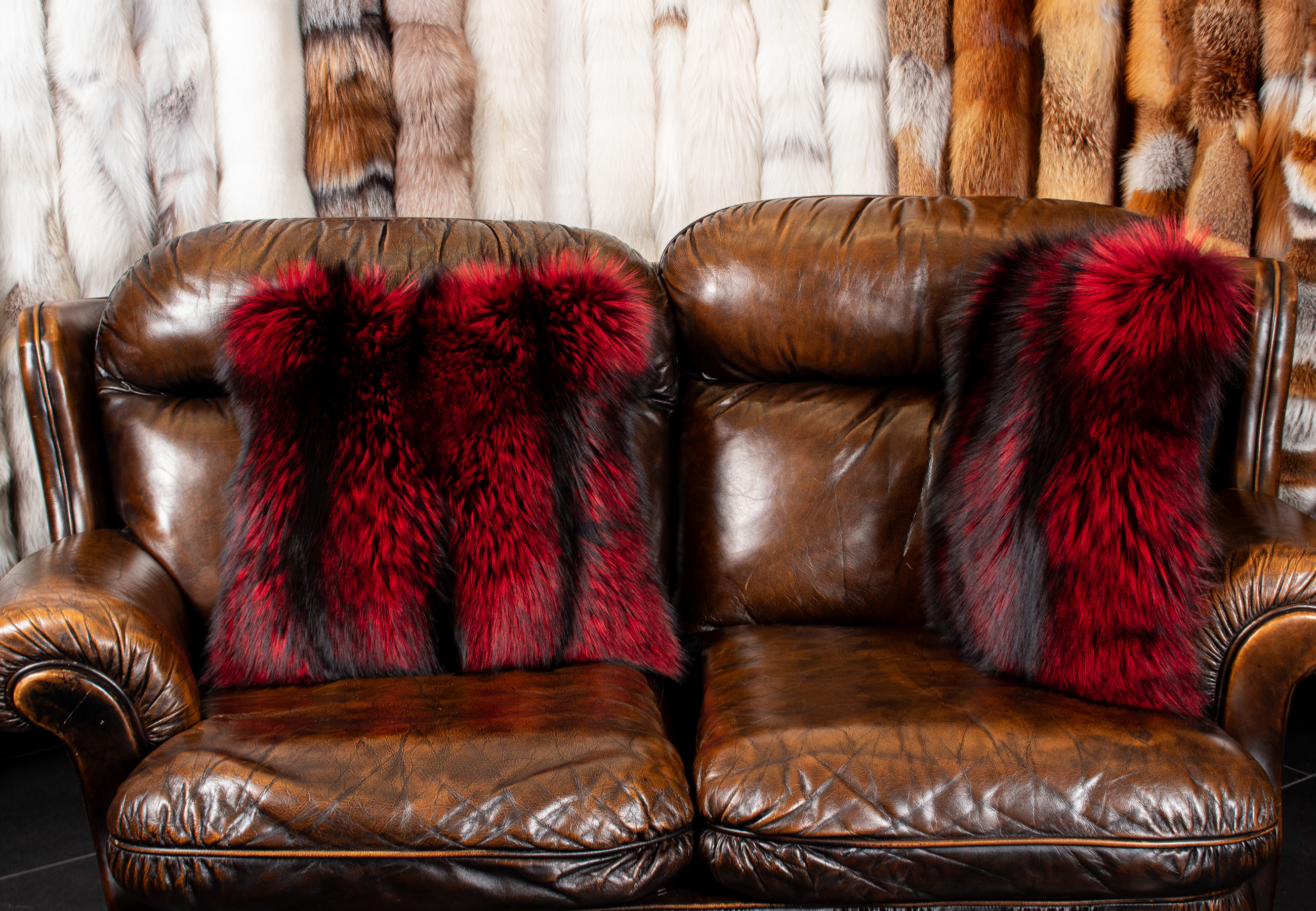 Noble Silver Fox Fur Pillow in Red