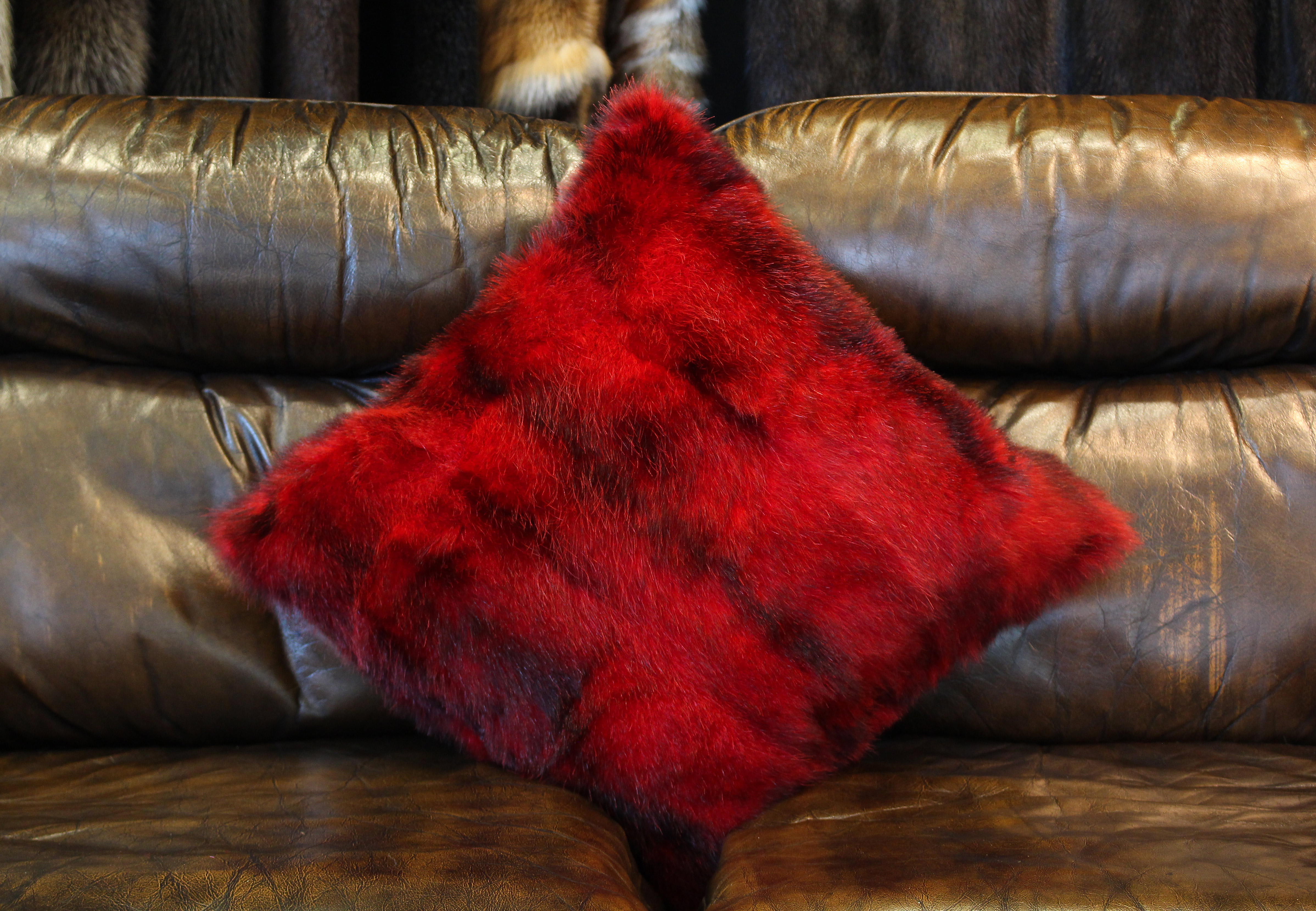 Genuine Possum Fur Pillow in Red