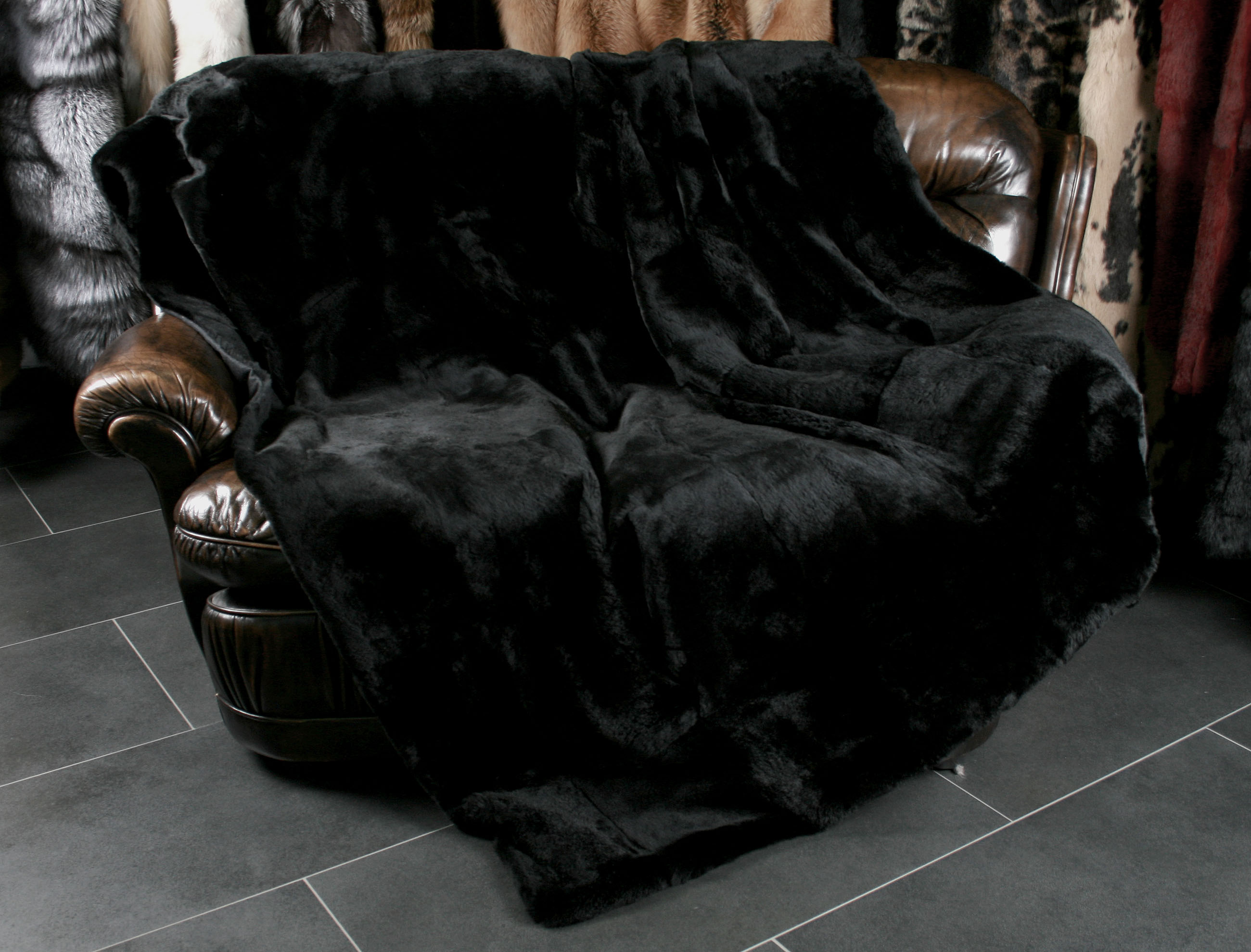 Black Fur Blanket made from shorn rabbit