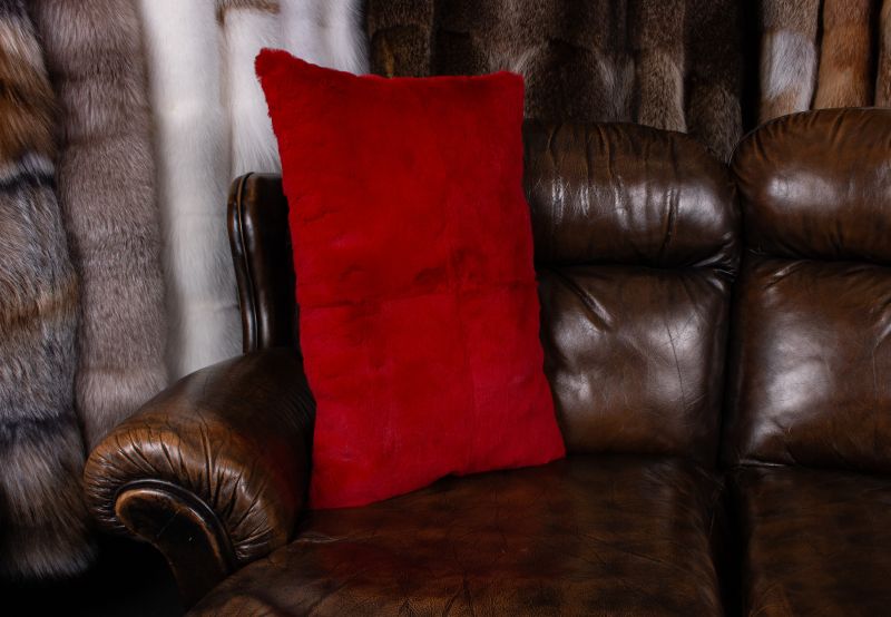 Shorn Rabbit Fur Pillow in Strawberry-Red - Genuine Fur