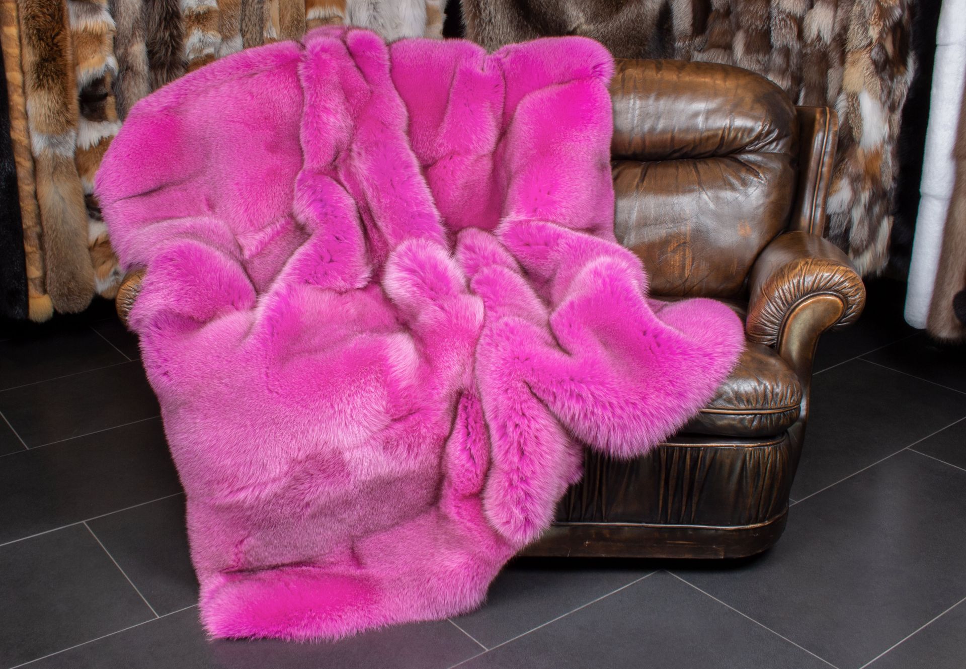 Real pink blue fox blanket furrier lars paustian